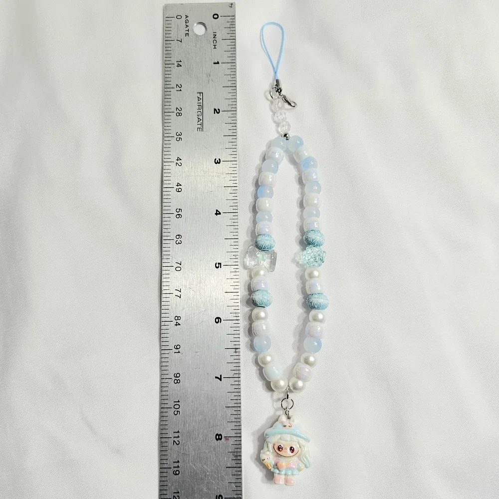 Cute Pastel Blue Girly Dainty Elegant Beaded Labubu Phone Charm or Wrist Strap